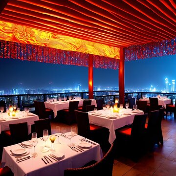 Rooftop Restaurant At China In Night Time, Generative Art By A.I.