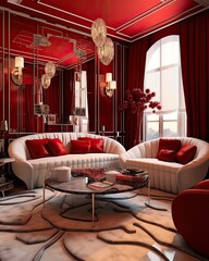A cool and modern red interior surrealist futurist hyper-realistic mystical mood contemporary Wide view