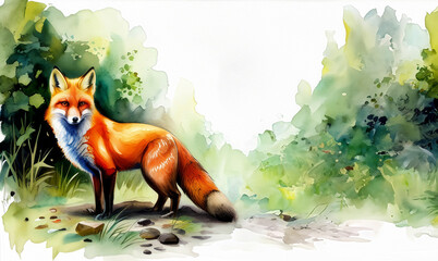 Watercolor animal template background fox, created with generative AI