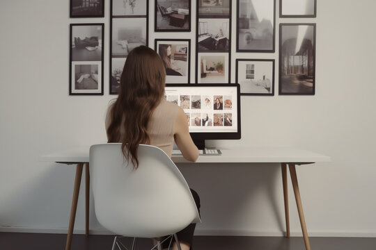 Rear view of young brunette female sitting on white chair in front of computer monitor while looking throguh collection of photos