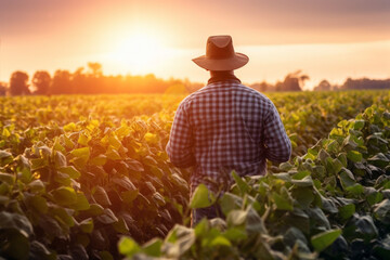 Rear view of young farmer standing in filed examining soybean corp at sunset, - obrazy, fototapety, plakaty
