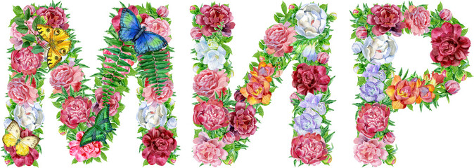 Word Peace in Russian of watercolor flowers