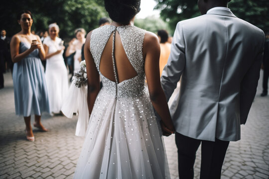 Rear view shot of a young couple arriving hand in hand at their wedding reception