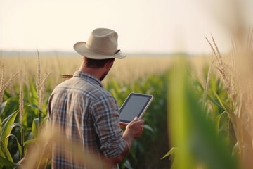 rearview Farmer standing in his corn fields with digital tablet in his hands,