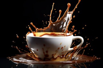 Coffee splashing out of a cup isolated on black background.. Ai Generative AI