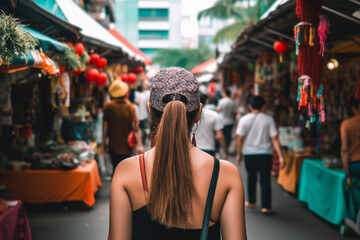rearview of Young solo traveler woman in Singapore street market - obrazy, fototapety, plakaty