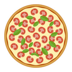 Pizza Margherita - top view. Vector drawing, flat design.
