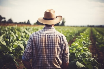 Rearview shot of a male farmer tending to his crops on the farm
