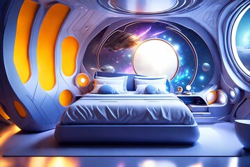 futuristic hard surface interior design of spaceship bedroom, generative art by A.I.