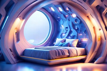 futuristic hard surface interior design of spaceship bedroom, generative art by A.I.