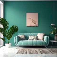 a modern living room turquoise walls abstract pictures on the wall light furniture extra modern real-life photography