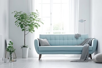 A photo of a light blue sofa in white modern living room with free space