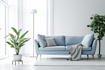 Home interior mockup with blue sofa set table and decor in living room