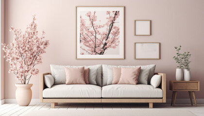 Fototapeta na wymiar Modern Spring Scandinavian Living Room Interior, Wooden picture frame, Poster Mockup. Sofa with linen pale pink striped cushions, Cherry Plum blossoms in a vase, Elegant stylish minimal home decor,