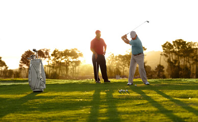 Morning, golf and men on a course for training, competition or professional game. Fitness, summer...