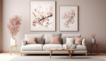 Modern Spring Scandinavian Living Room Interior, Wooden picture frame, Poster Mockup. Sofa with linen pale pink striped cushions, Cherry Plum blossoms in a vase, Elegant stylish minimal home decor,
