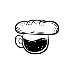 Coffee and bread hand drawn illustration logo icon. Morning breakfast cafe menu vector line doodle drawing