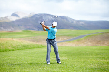 Fitness, man or golfer playing golf for fitness, workout or exercise with a swing on a green...