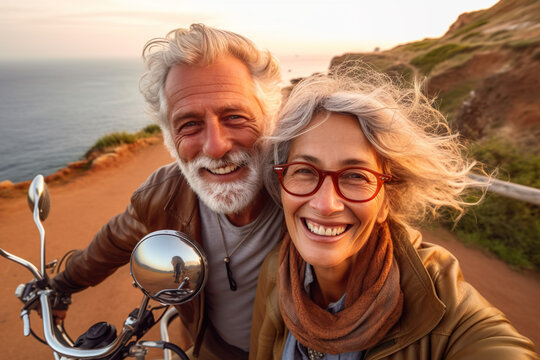 Illustration of mature senior couple on motorbike in style of selfie