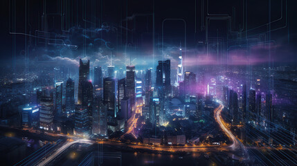 Fototapeta na wymiar Night city aerial view, futuristic city background 