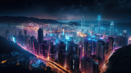 Night city aerial view, futuristic city background 