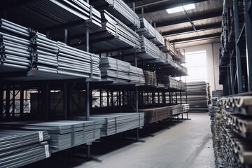 Rolled metal warehouse, Many packs of metal bars on the shelves