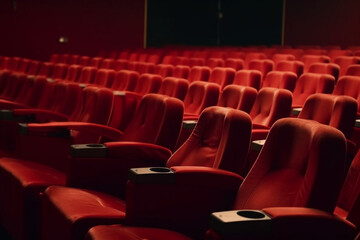 Rows of red velvet seats watching movies in the cinema with copy space banner background