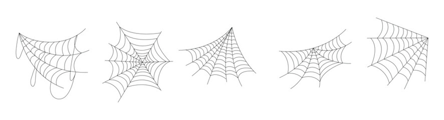 Hand drawn spider web icon set isolated on white. Black halloween cobweb vector illustration