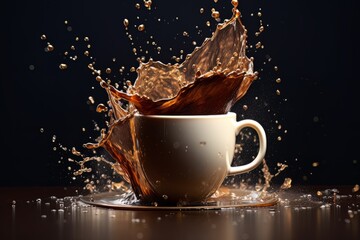Coffee splashing out of a cup isolated on black background.. Ai Generative AI