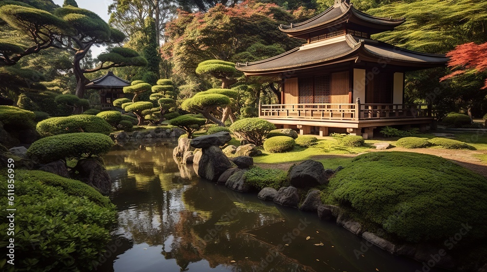 Poster  a japanese garden with a pond and a pagoda in the background, surrounded by trees and grass, is shown in the foreground of the image.  generative ai