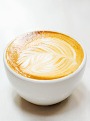 Latte cup, coffee shop and art for restaurant creativity, customer service and hospitality or food industry. Cafe, closeup and espresso or drink background for inspiration, creative design and cream