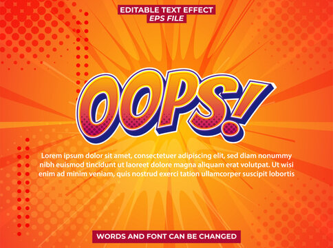 oops comic style text effect, font editable, typography, 3d text. vector template