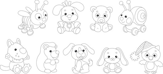 Obraz na płótnie Canvas Toy baby animal characters with a cute little bee, puppies, bear, snail, wolf, hedgehog, bunny and owl, set of black and white outline vector cartoon illustrations