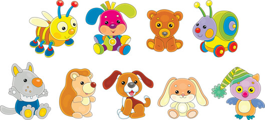 Toy baby animal characters with a cute little bee, puppies, bear, snail, wolf, hedgehog, bunny and owl, set of vector cartoon illustrations isolated on a white background
