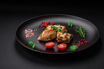 Delicious juicy chicken, turkey skewers with salt, spices and herbs