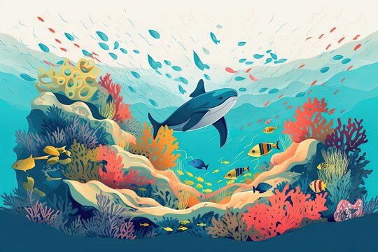  A Painting Of A Dolphin Swimming Over A Coral Reef With School Of Fish In The Water And A Coral Reef In The Foreground With A White Background.  Generative Ai