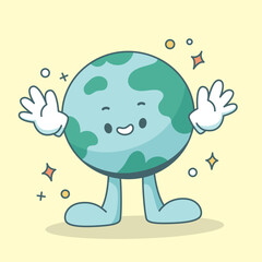 Earth character in trendy cartoon style. Planet mascot with hands and legs. Globe character feel happy and cheerful. Flat cartoon style vector illustration.