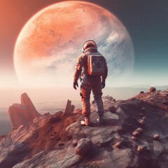 Man astronaut in a spacesuit on the surface of the planet in outer space. Ai Generative AI