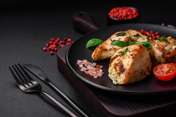 Delicious juicy chicken, turkey skewers with salt, spices and herbs