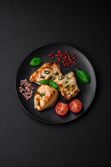 Delicious juicy chicken, turkey skewers with salt, spices and herbs