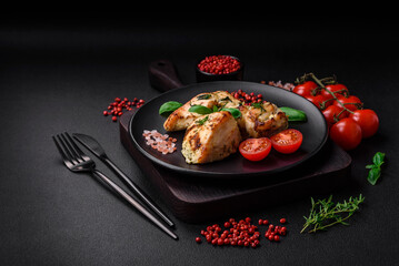 Delicious juicy chicken, turkey skewers with salt, spices and herbs