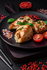 Delicious juicy chicken, turkey skewers with salt, spices and herbs
