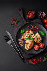 Delicious juicy chicken, turkey skewers with salt, spices and herbs