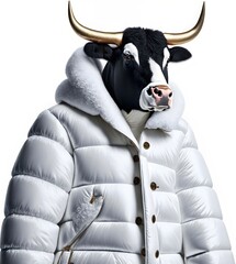 Portrait of a Bull wearing a big puffy white winter jacket, white Background, created with generative AI Tools