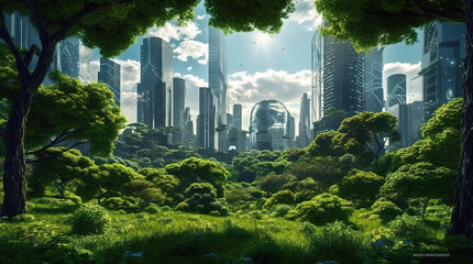 Futuristic city concept with many green areas and trees, generative ai
