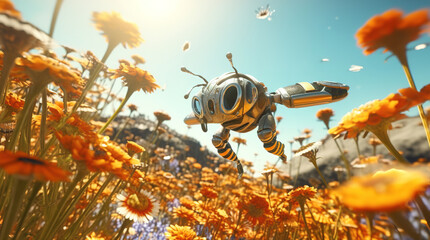 Robot bee, futuristic flying cyber bee above flowers, generative ai