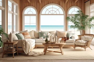 A beach - themed living room featuring a rattan sofa, seashell decor, a sisal rug, and large windows overlooking the ocean - obrazy, fototapety, plakaty