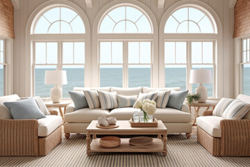 A beach - themed living room featuring a rattan sofa, seashell decor, a sisal rug, and large windows overlooking the ocean - obrazy, fototapety, plakaty