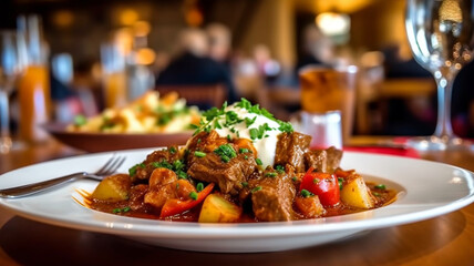 Traditional beef goulash with sauce and potatoes in luxury restaurant, healthy eating, Austrian...