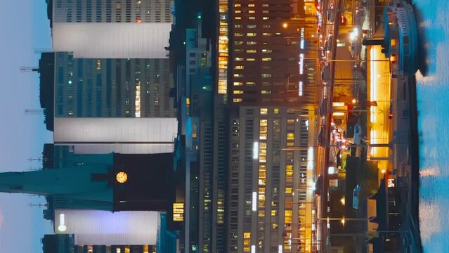 Stockholm, Sweden. Vertical Footage Video. Night View Of Stockholm Cityscape Skyline. Building Of St. Clara Or Saint Klara Church In Summer Sunny Modern Cityscape Skyline.